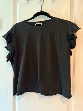 Zara Black Ruffle Sleeve Cotton Tee